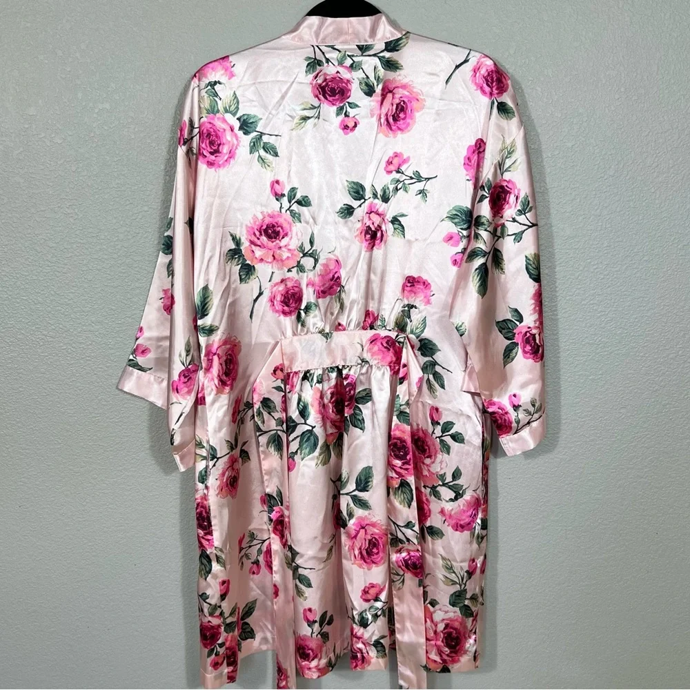 Thalia Sodi Women Pink Floral Satin Robe Kimono Tie Front Size S/M - Picture 4 of 6